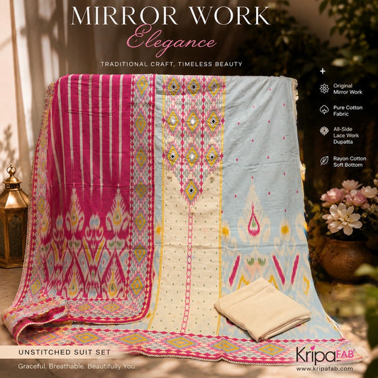 Premium Pure Cotton Mirror Work Unstitched Suit with Lace Work Dupatta (₹1990 per suit)