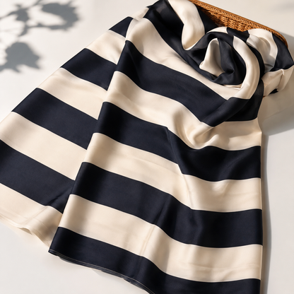 Black & Ivory Striped Modal Satin Printed Fabric – Soft & Flowy 44” (₹425 per meter)