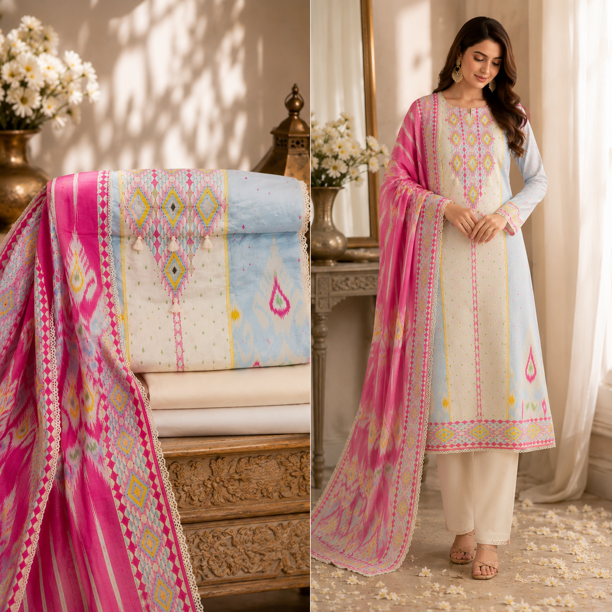 Premium Pure Cotton Mirror Work Unstitched Suit with Lace Work Dupatta (₹1990 per suit)