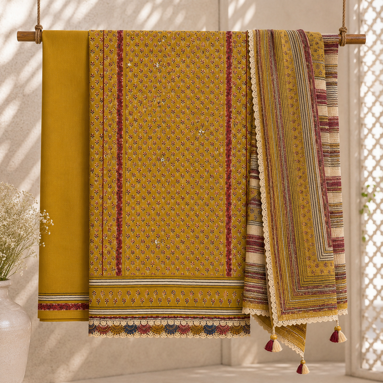 Organic Cotton Lacework Unstitched Suit Mustard (₹2550 per suit)