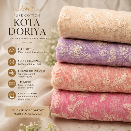 Premium Floral Embroidered Kota Doriya Fabric (₹400 per meter)