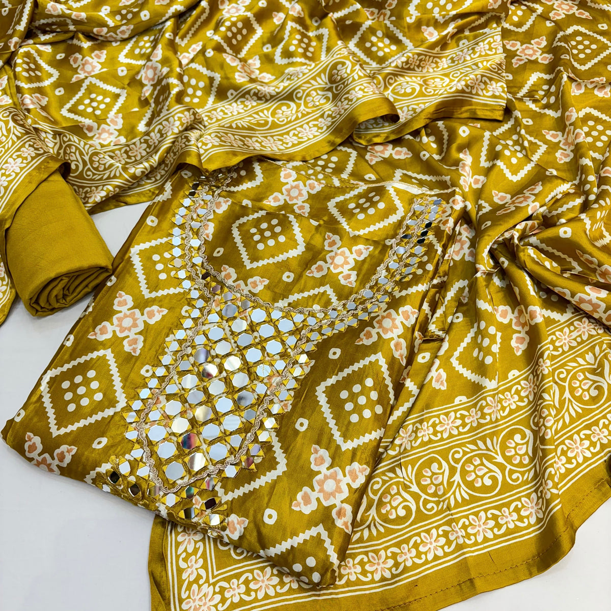 Authentic Gajji Silk Unstitched Suit with Mirror Neckline  (₹3295 per suit)
