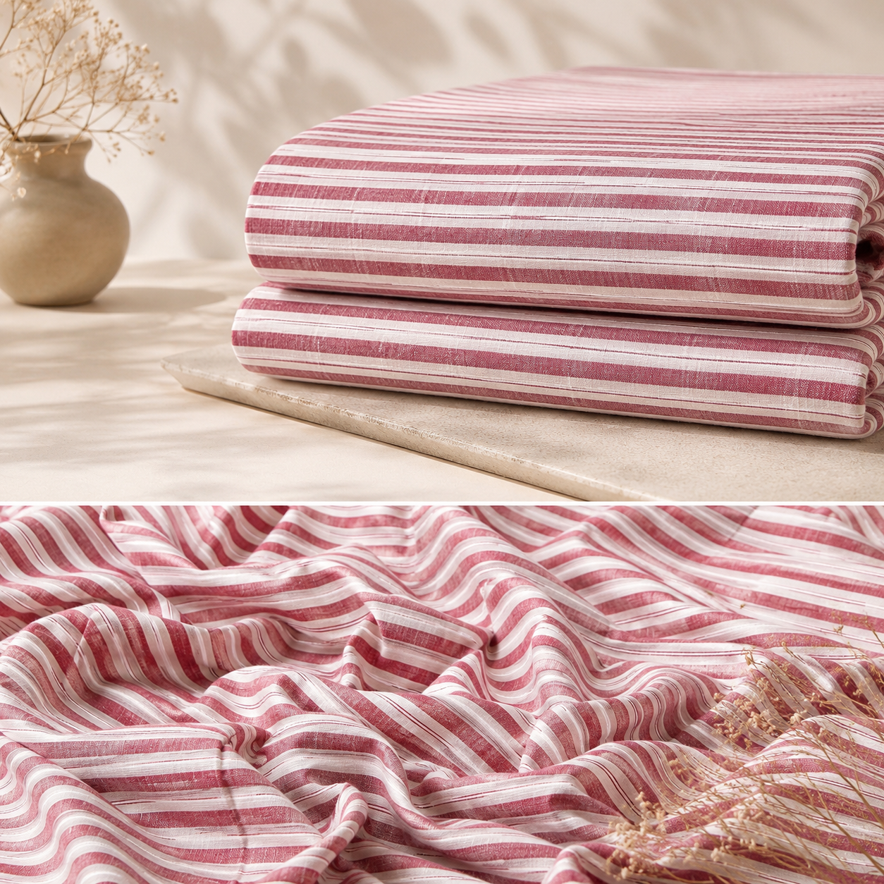 Pink White Striped Handloom Cotton Fabric | Soft Breathable Cotton Dress Material