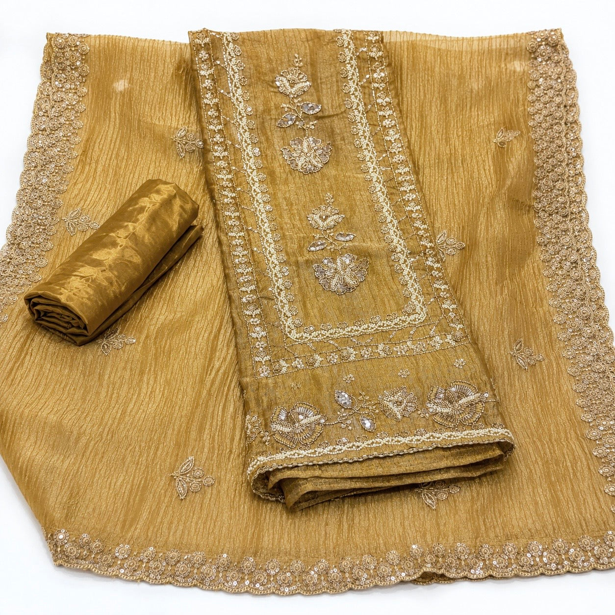 Designer Crushed Tissue Beads Hand Embroidered Party Wear Unstitched Suit Set (₹3700 per suit)