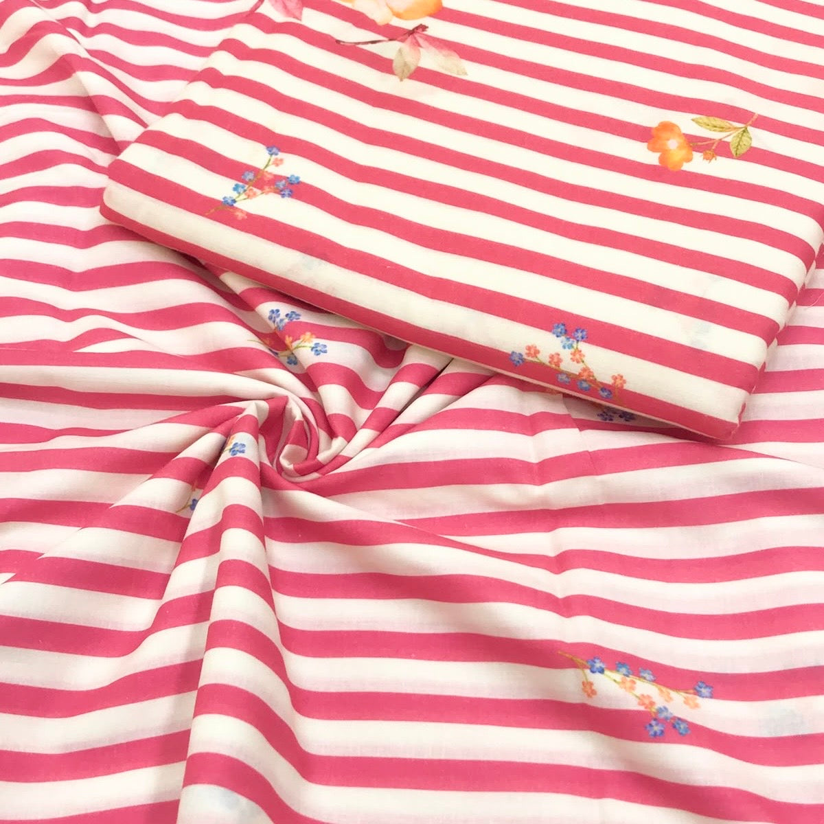 Pure Organic Cotton Digital Print Floral Stripe Fabric – Gajri Red| Soft Breathable Summer Fabric | 44” Width (₹300 per meter)