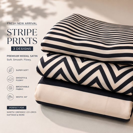 Black & Ivory Striped Modal Satin Printed Fabric – Soft & Flowy 44” (₹425 per meter)