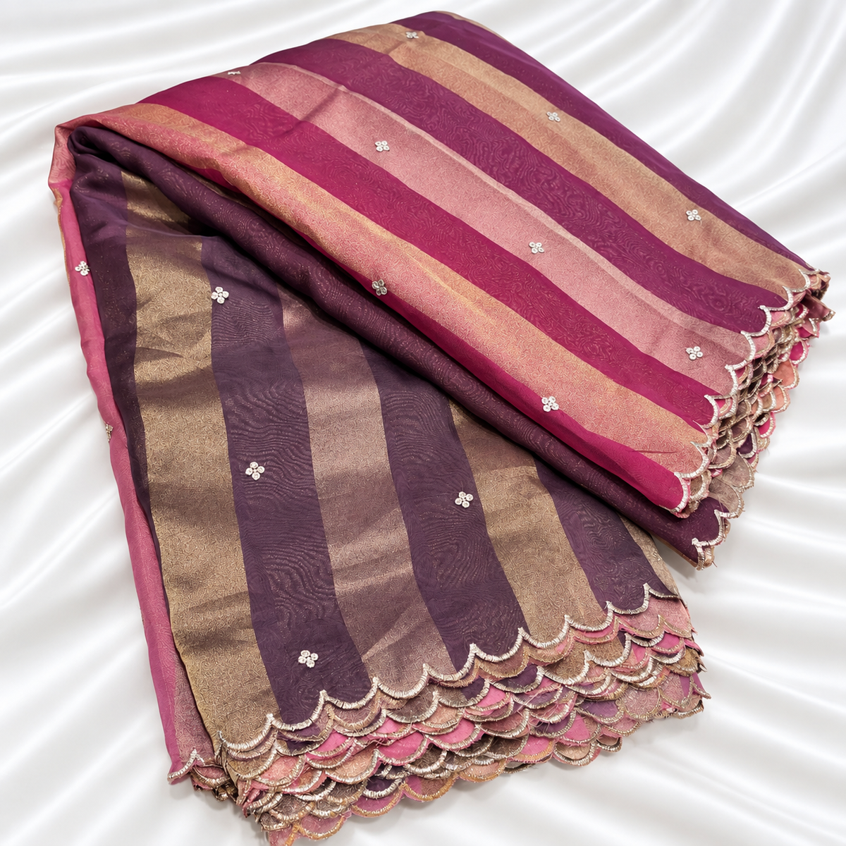 4D Organza Tissue Stripes with Scallop Borders 40” (₹450 per meter)