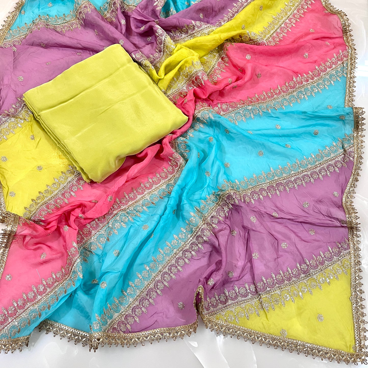 Multi Color Organza Embroidered Dupatta with Matching Pure Crepe Combo