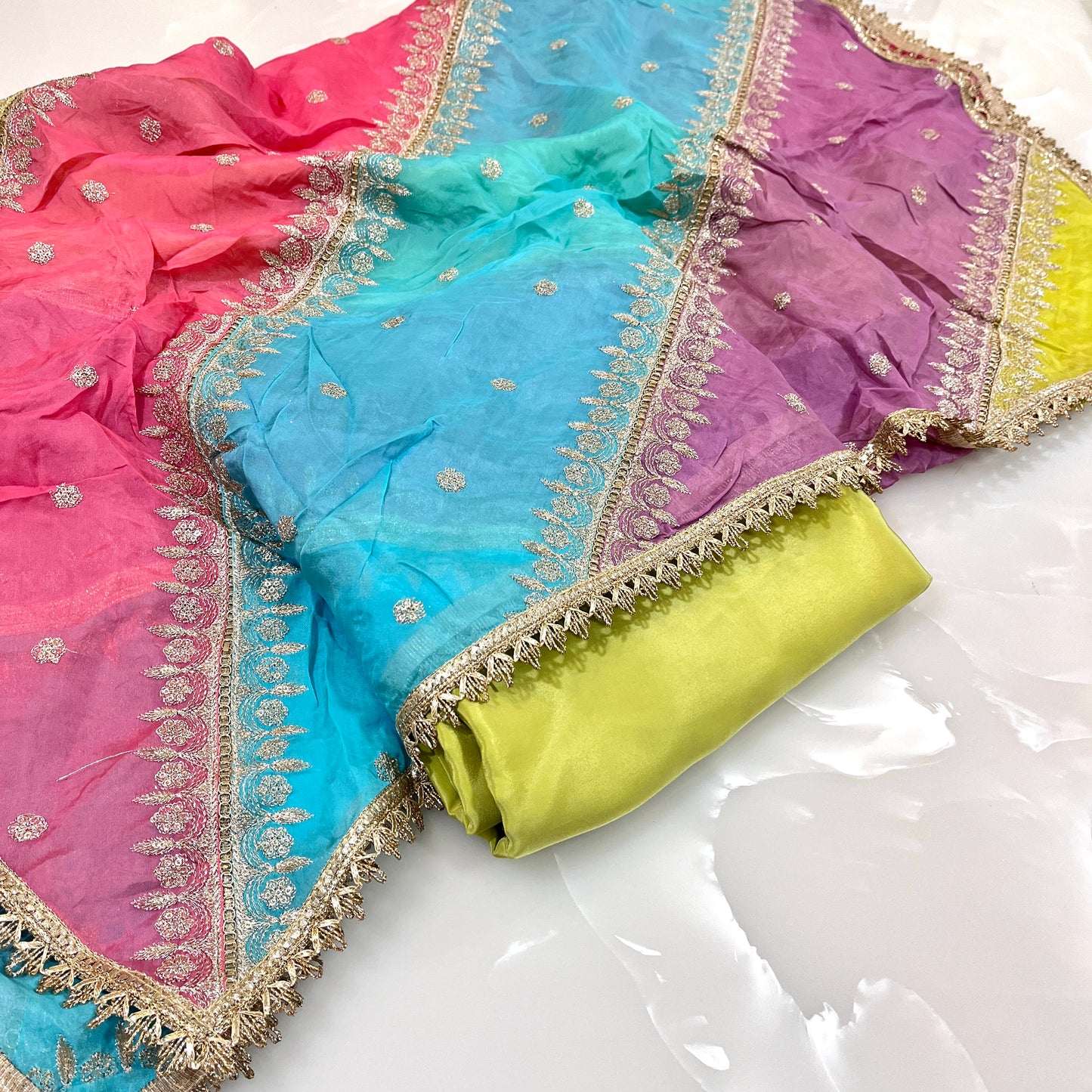 Multi Color Organza Embroidered Dupatta with Matching Pure Crepe Combo