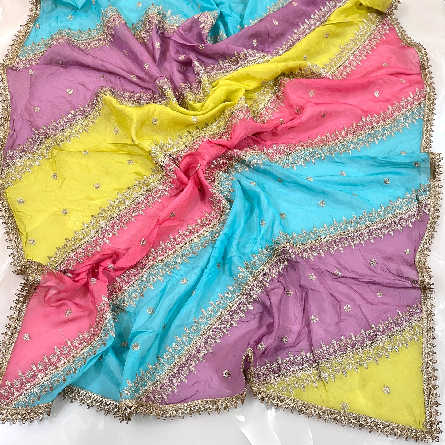 Multi Color Organza Embroidered Dupatta with Matching Pure Crepe Combo