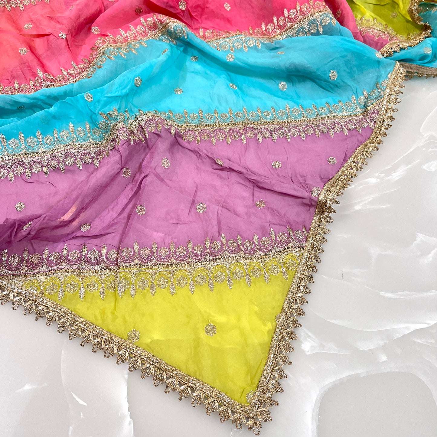 Multi Color Organza Embroidered Dupatta with Matching Pure Crepe Combo