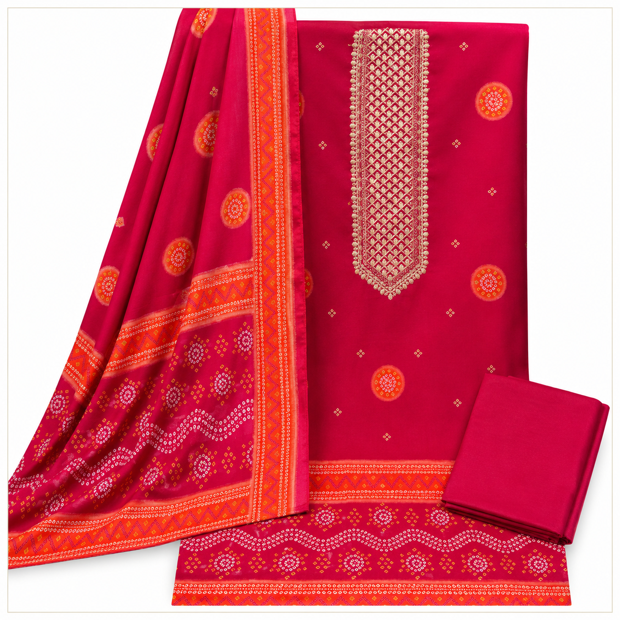 Premium Gajji Silk Unstitched Suit with Embroidered Neckline & Traditional Bandhani Print (₹1895 per suit)