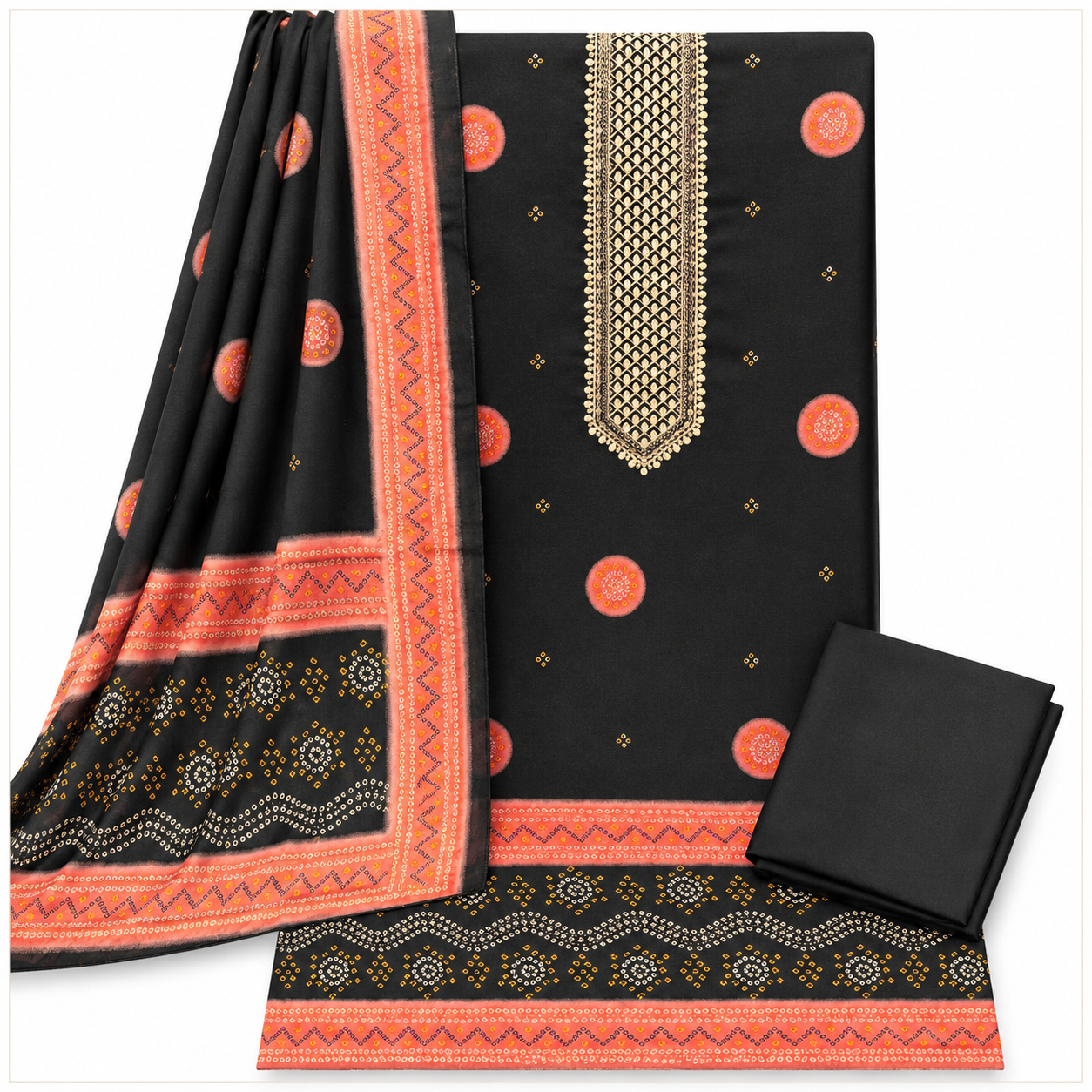 Premium Gajji Silk Unstitched Suit with Embroidered Neckline & Traditional Bandhani Print (₹1895 per suit)