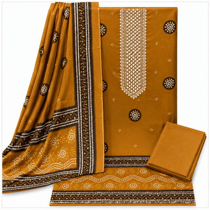 Premium Gajji Silk Unstitched Suit with Embroidered Neckline & Traditional Bandhani Print (₹1895 per suit)