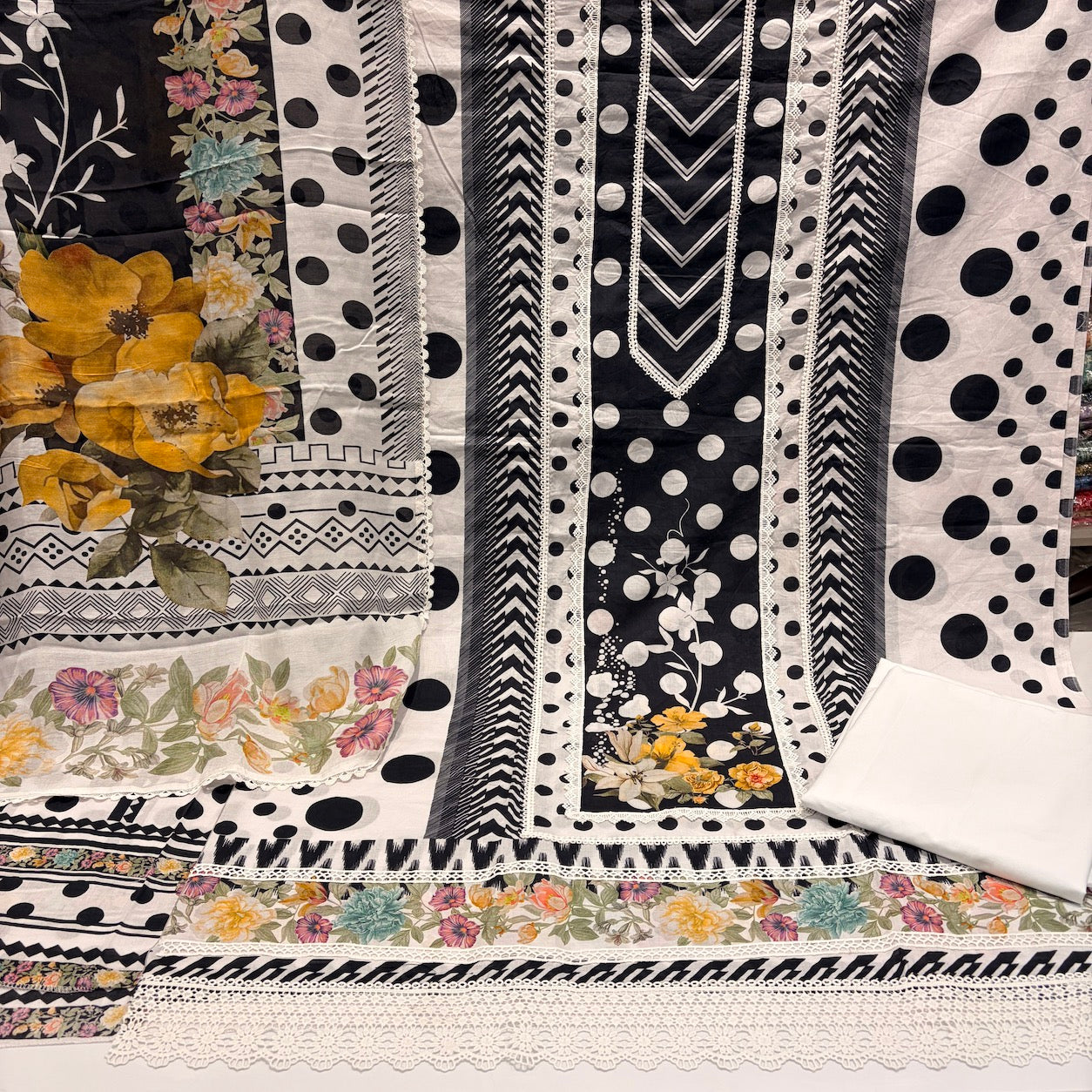 Pure Cotton Polka Print Unstitched Suit Set with Lace Work & Muslin Dupatta (₹2495/Suit)