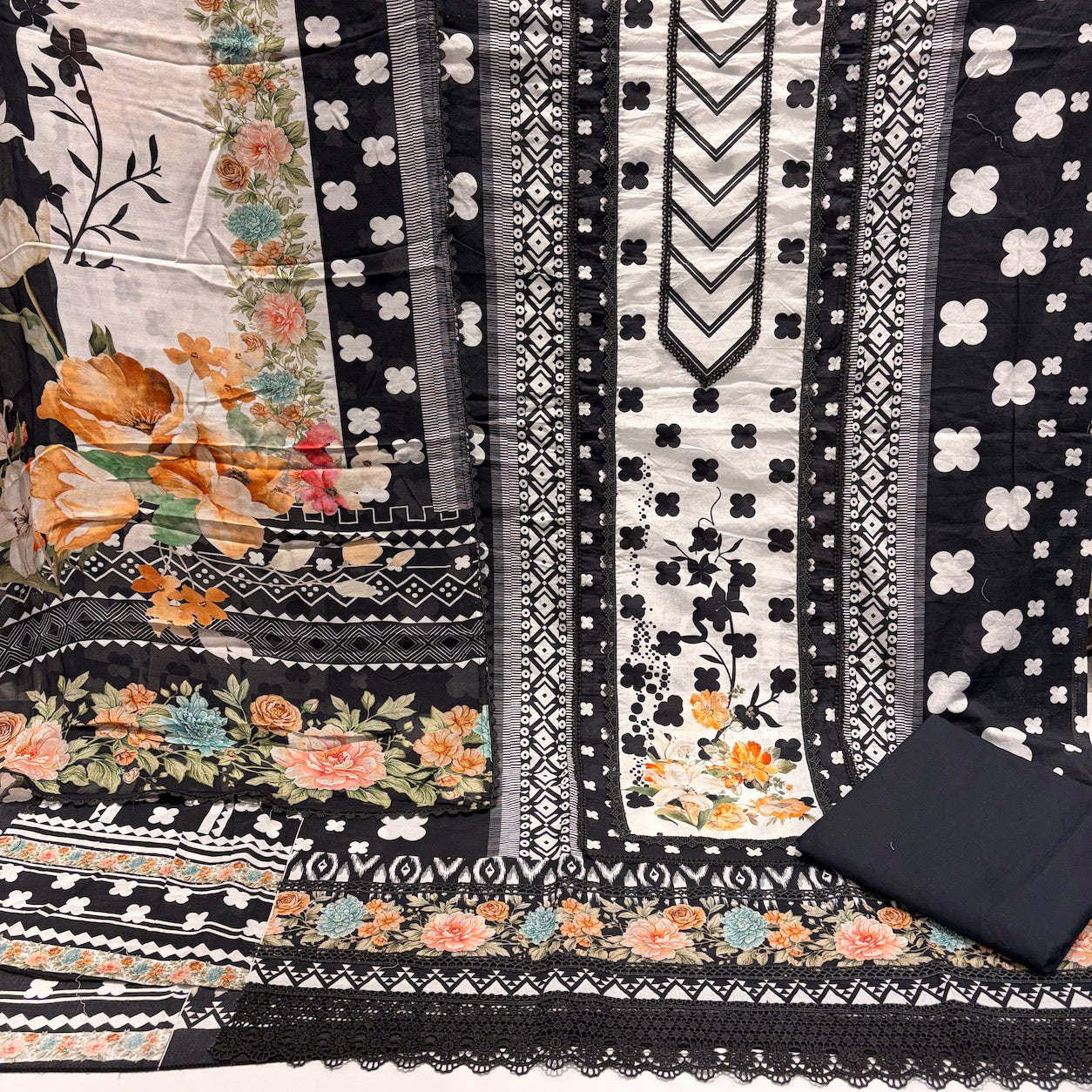 Pure Cotton Polka Print Unstitched Suit Set with Lace Work & Muslin Dupatta (₹2495/Suit)