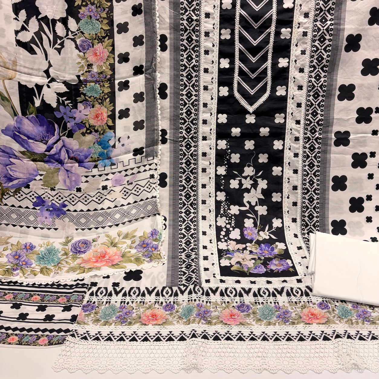 Pure Cotton Polka Print Unstitched Suit Set with Lace Work & Muslin Dupatta (₹2495/Suit)