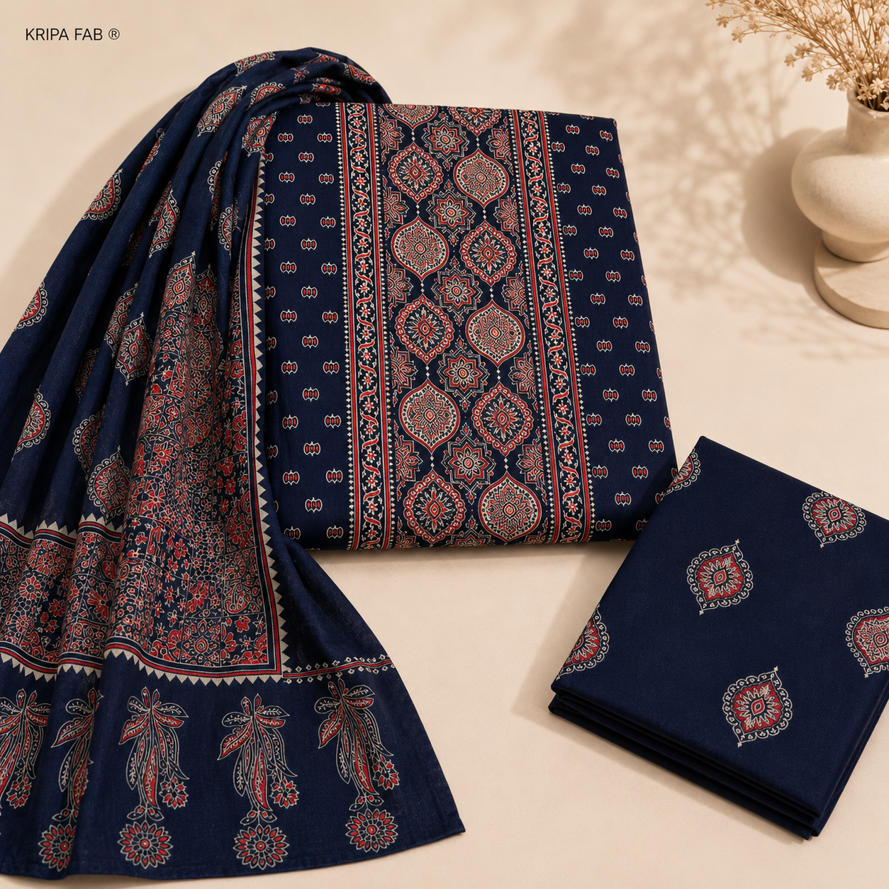 Premium Rayon Cotton Ajrakh Printed Unstitched Suit with Dupatta (₹1399 per suit)