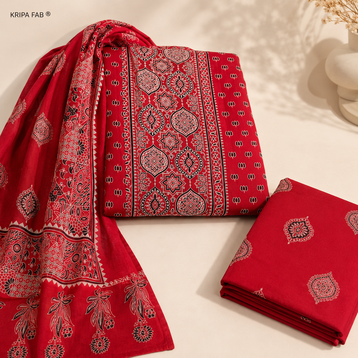 Premium Rayon Cotton Ajrakh Printed Unstitched Suit with Dupatta (₹1399 per suit)