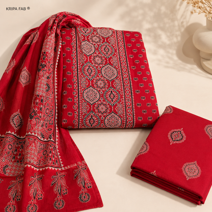 Premium Rayon Cotton Ajrakh Printed Unstitched Suit with Dupatta (₹1399 per suit)