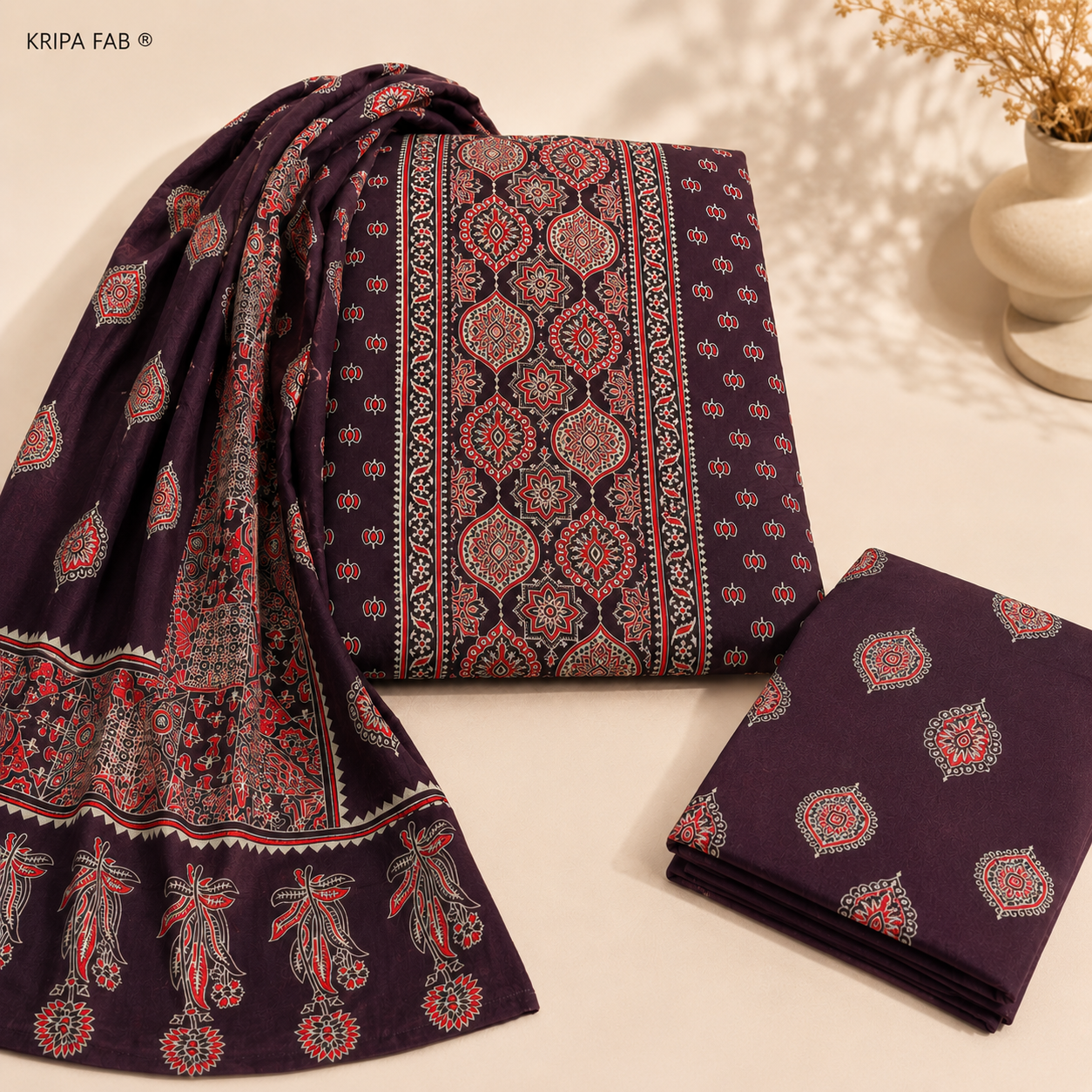 Premium Rayon Cotton Ajrakh Printed Unstitched Suit with Dupatta (₹1399 per suit)