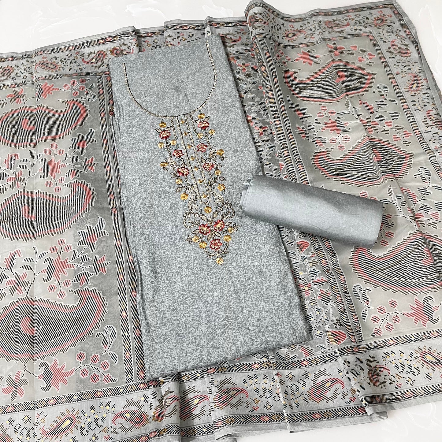 Muslin Silk Embroidered Suit (Unstitched)