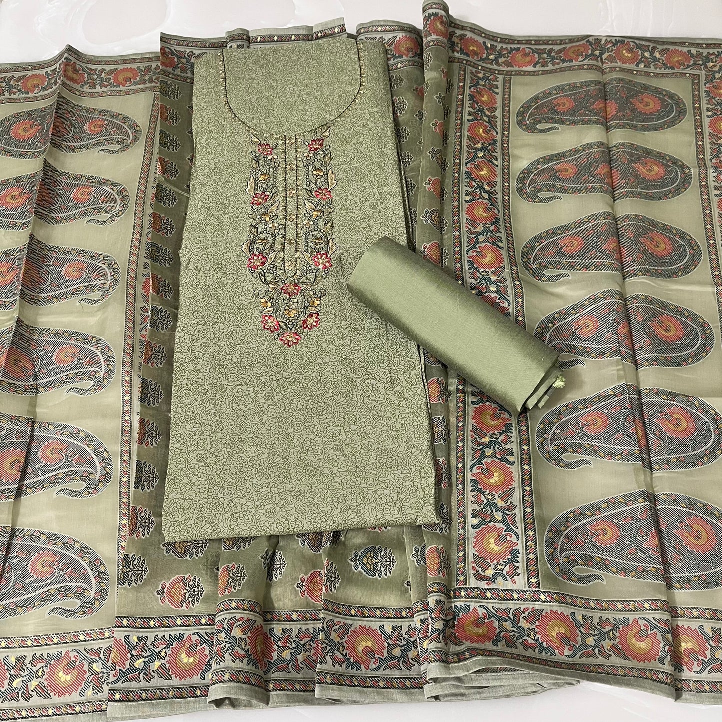 Muslin Silk Embroidered Suit (Unstitched)