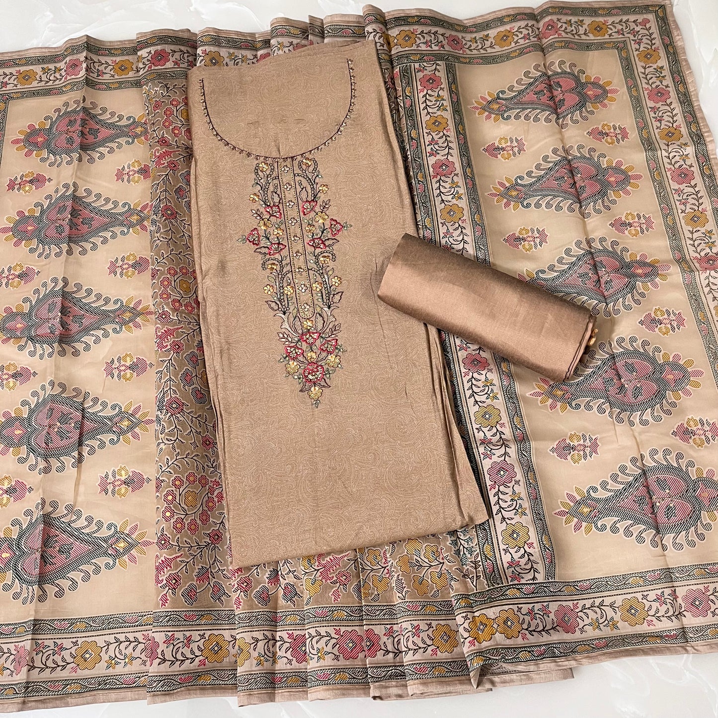 Muslin Silk Embroidered Suit (Unstitched)